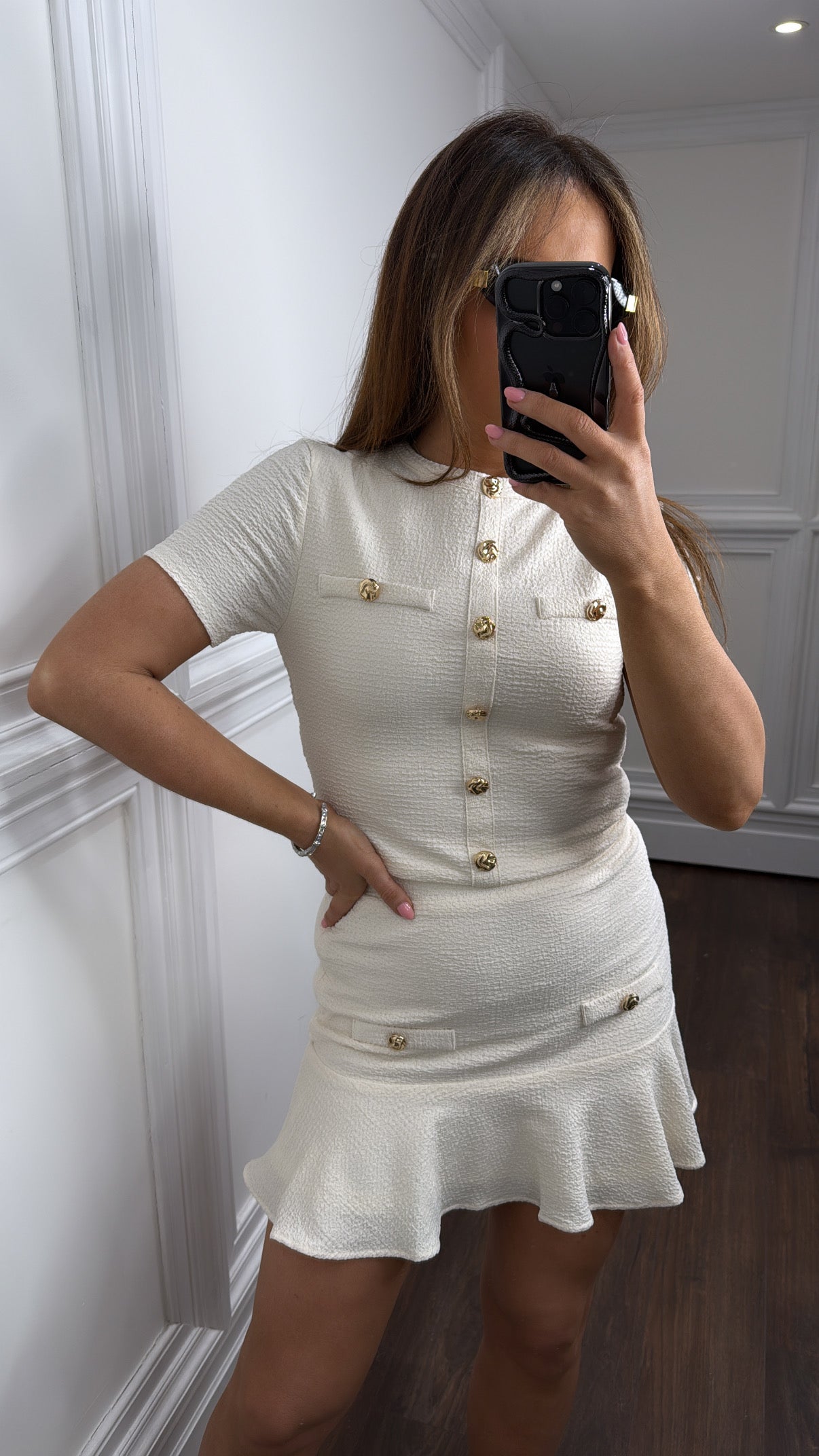SHERRIE cream gold button top and skirt co-ord