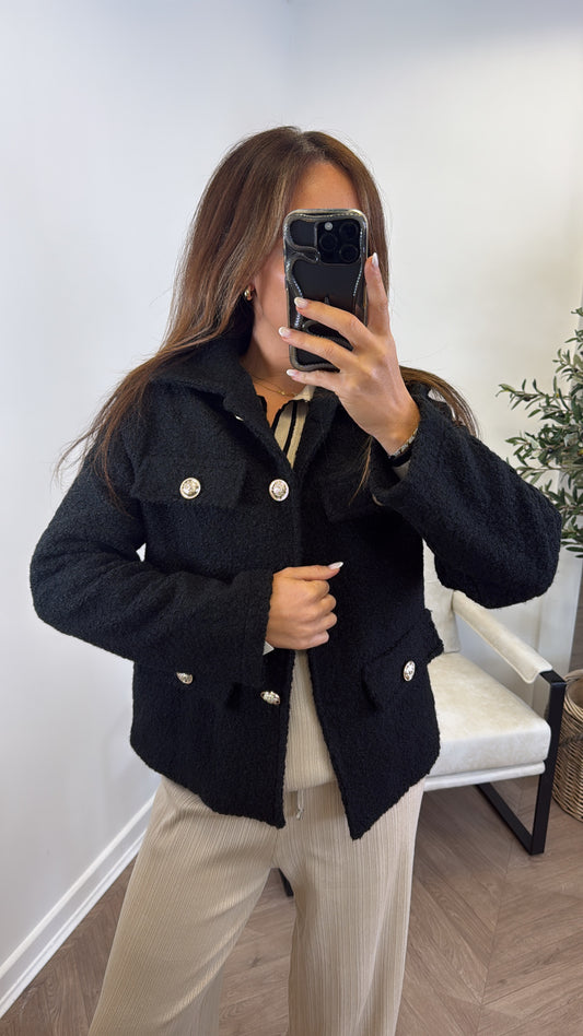 LYRA black boucle button detail jacket