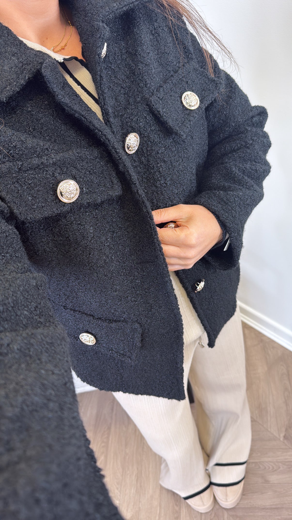 LYRA black boucle button detail jacket