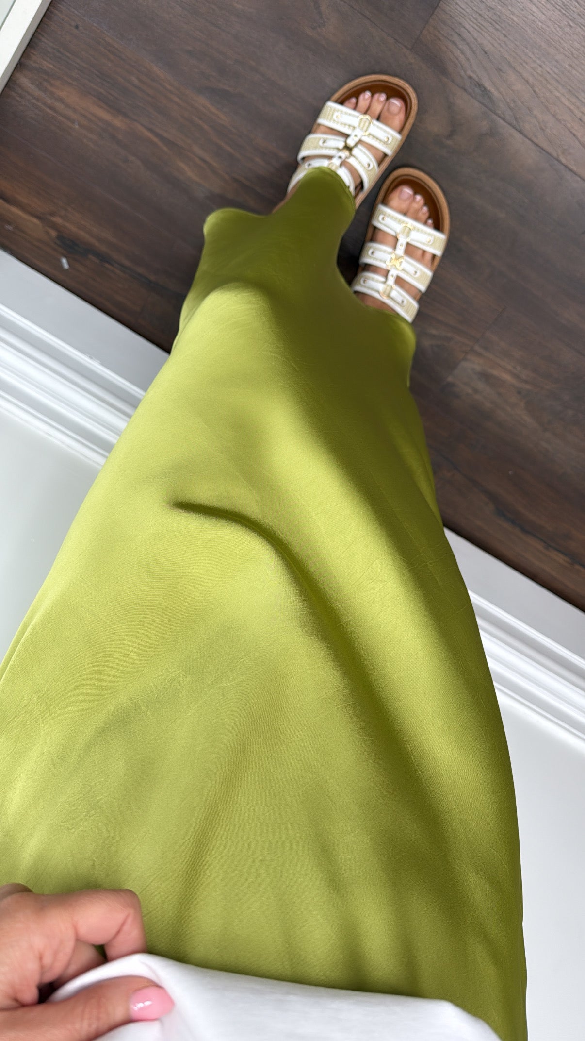 LIVVY olive green satin maxi skirt