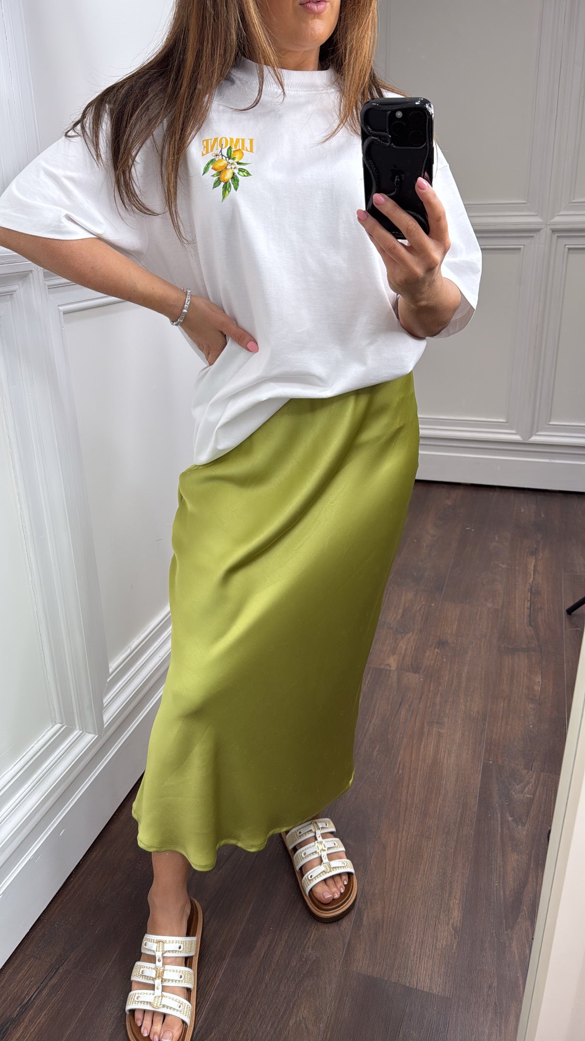 LIVVY olive green satin maxi skirt