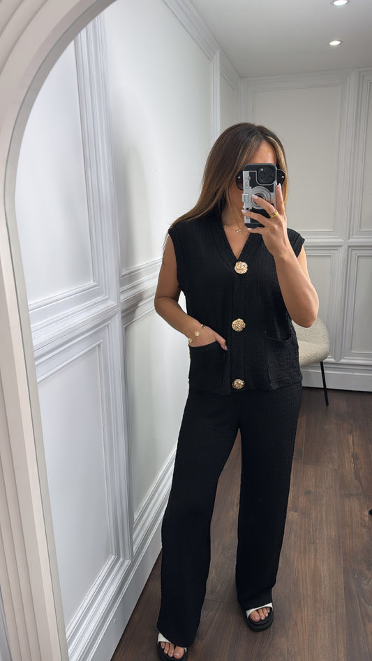 TAMSYN black gold button seersucker waist jacket and wide leg trouser co-ord