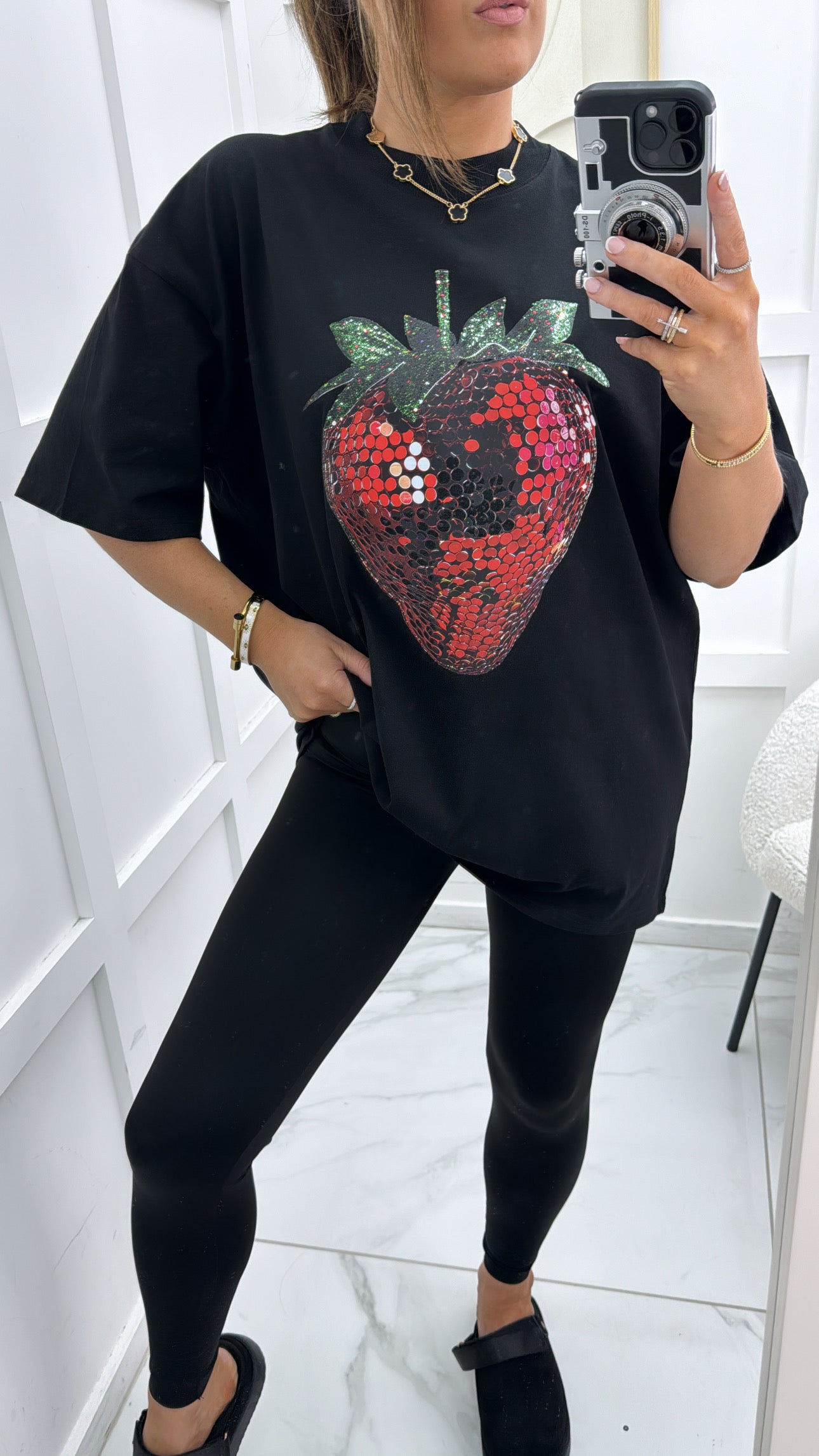 SASHA black oversize t-shirt with sequin strawberry design