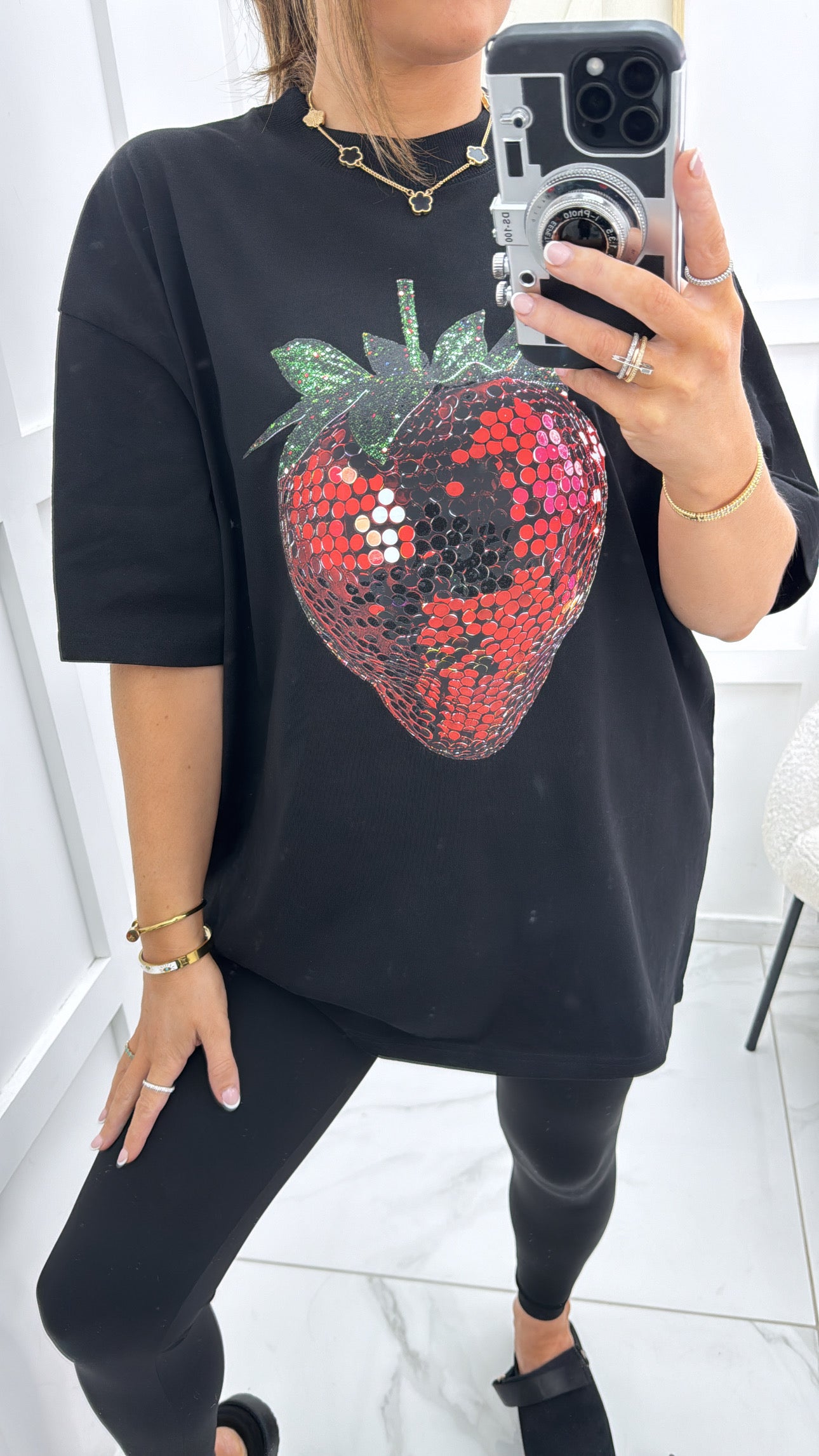 SASHA black oversize t-shirt with sequin strawberry design