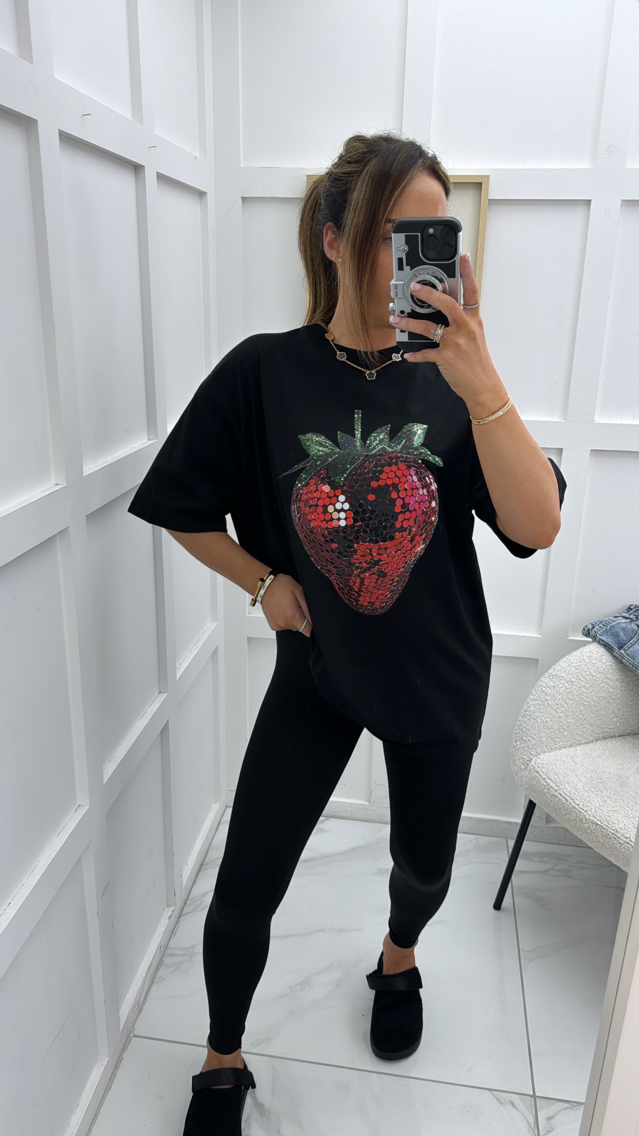 SASHA black oversize t-shirt with sequin strawberry design