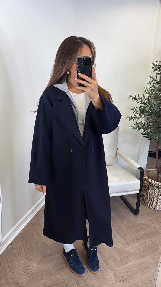 BOSTON navy hooded oversize duster jacket