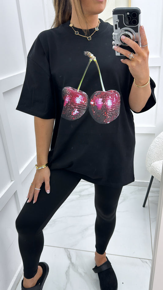 CHERIE black oversize t-shirt with sequin cherry design