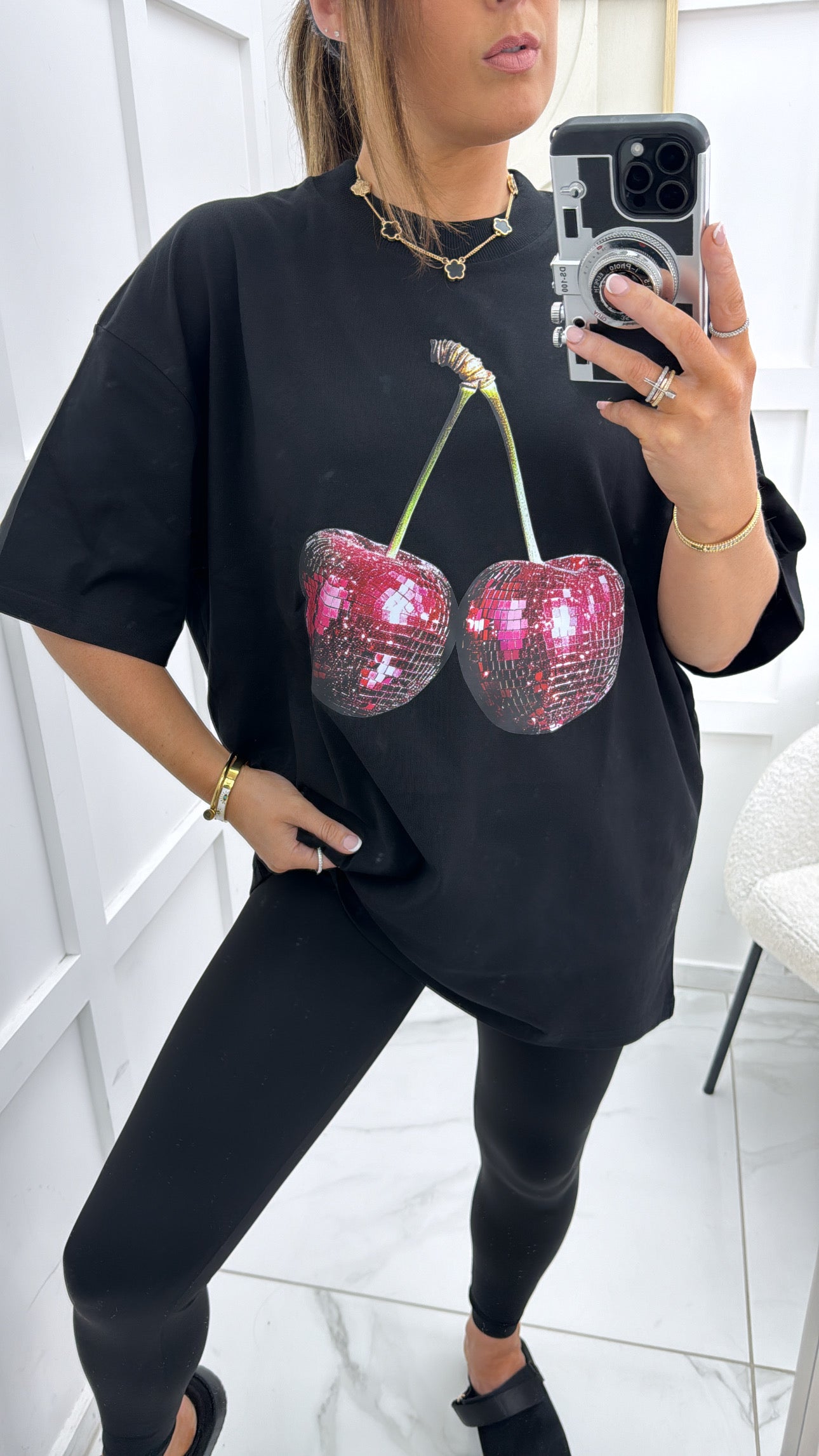 CHERIE black oversize t-shirt with sequin cherry design