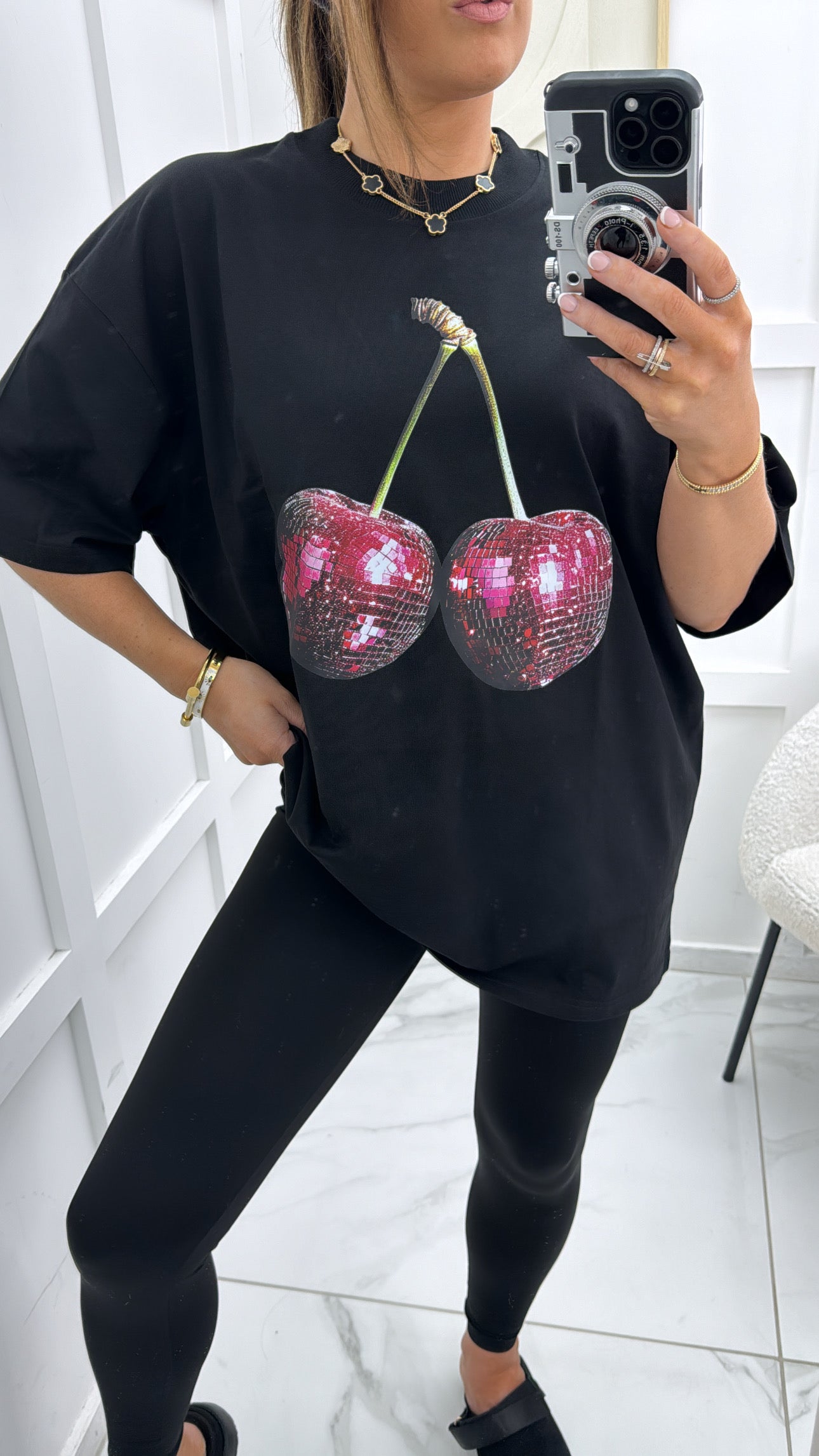 CHERIE black oversize t-shirt with sequin cherry design