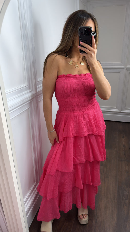 CATRINA pink shirred bandeau midi dress
