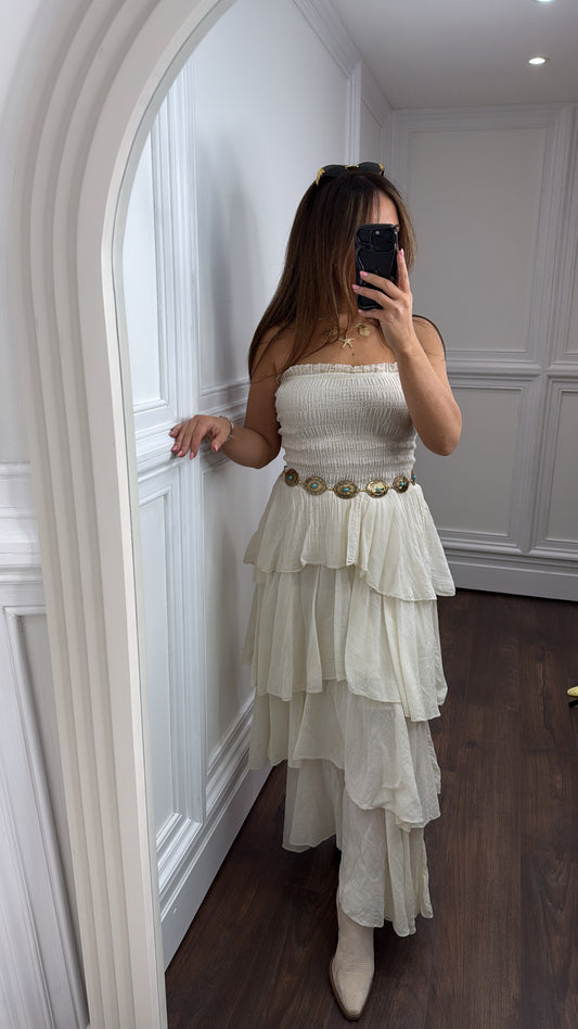 CATRINA cream shirred bandeau midi dress