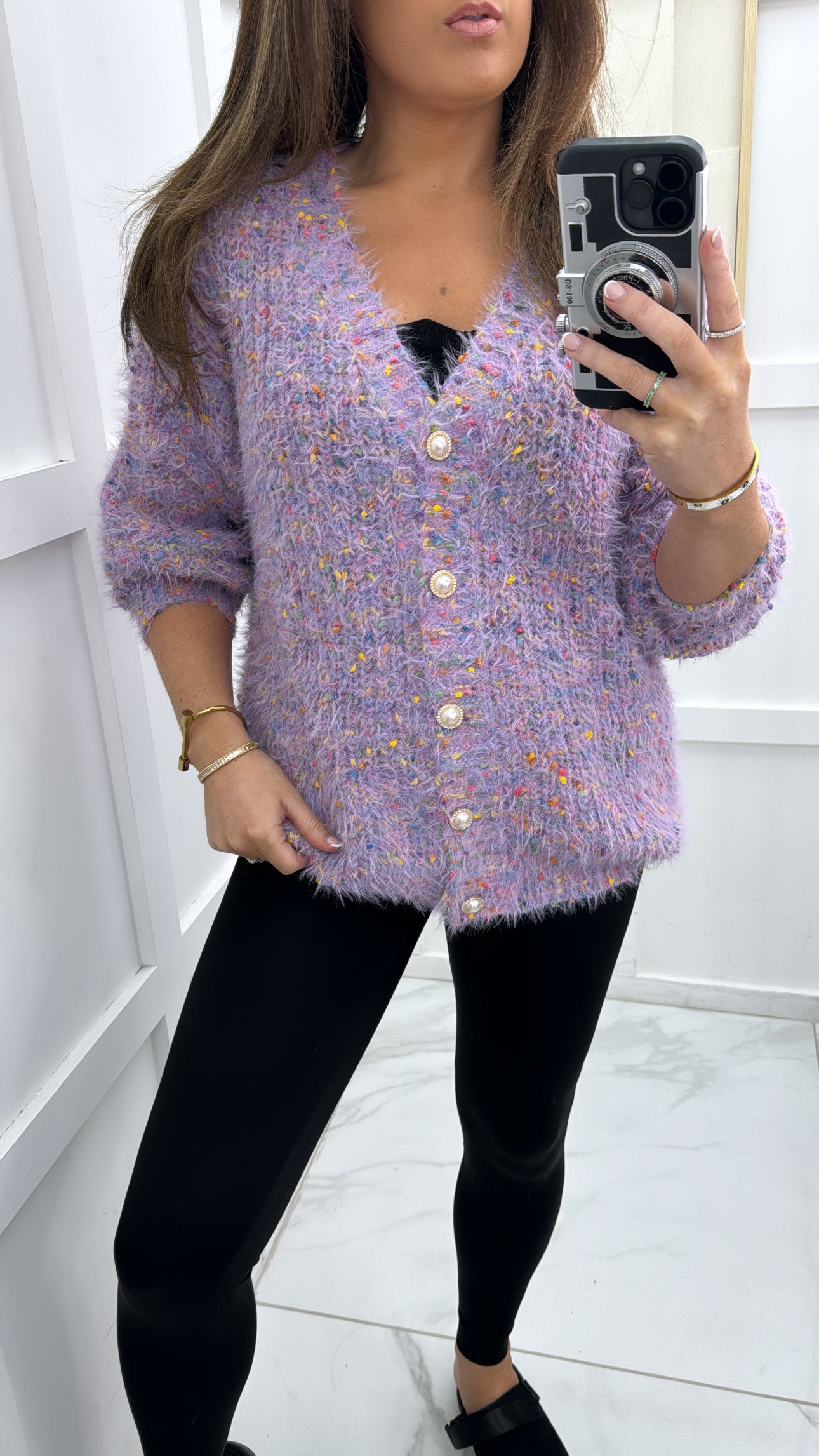 MIA lilac fluffy cardigan with pearl buttons