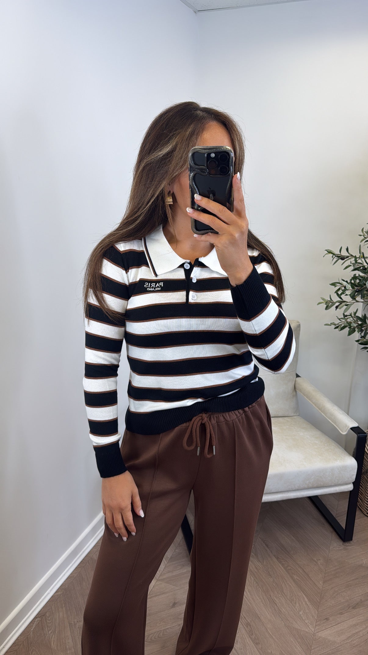 PARIS MILANO white and black collared rugby style top