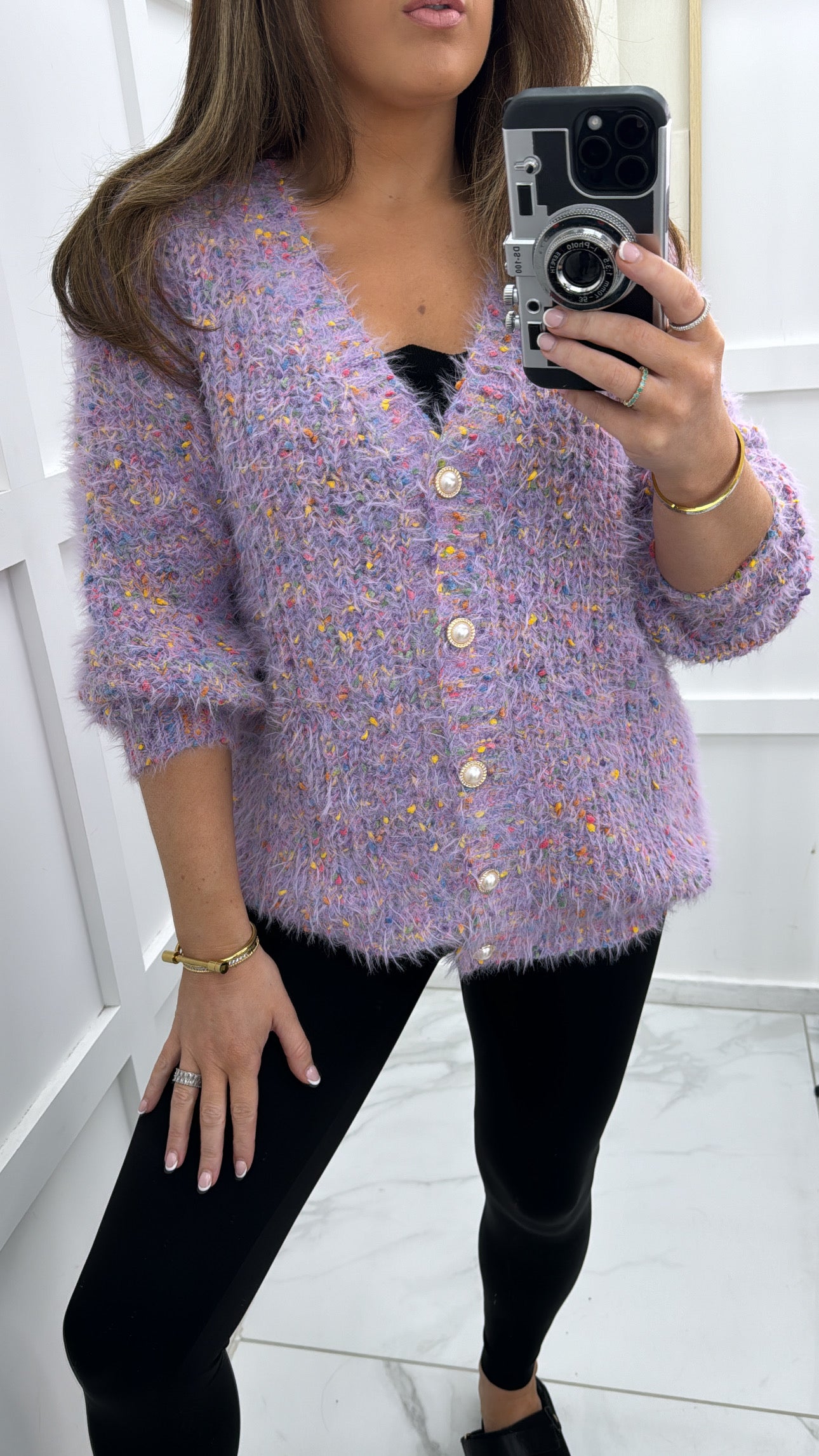 MIA lilac fluffy cardigan with pearl buttons