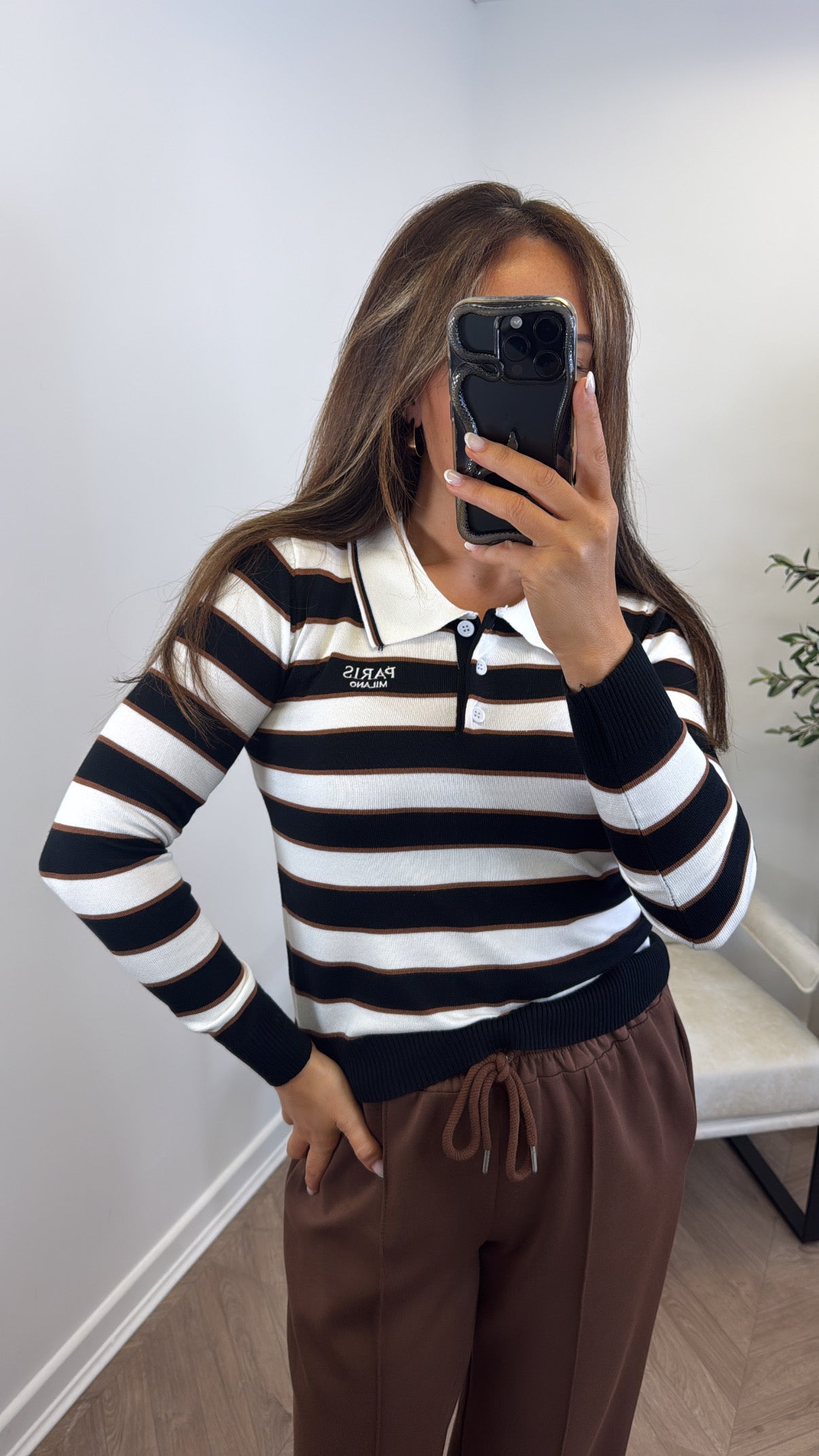 PARIS MILANO white and black collared rugby style top
