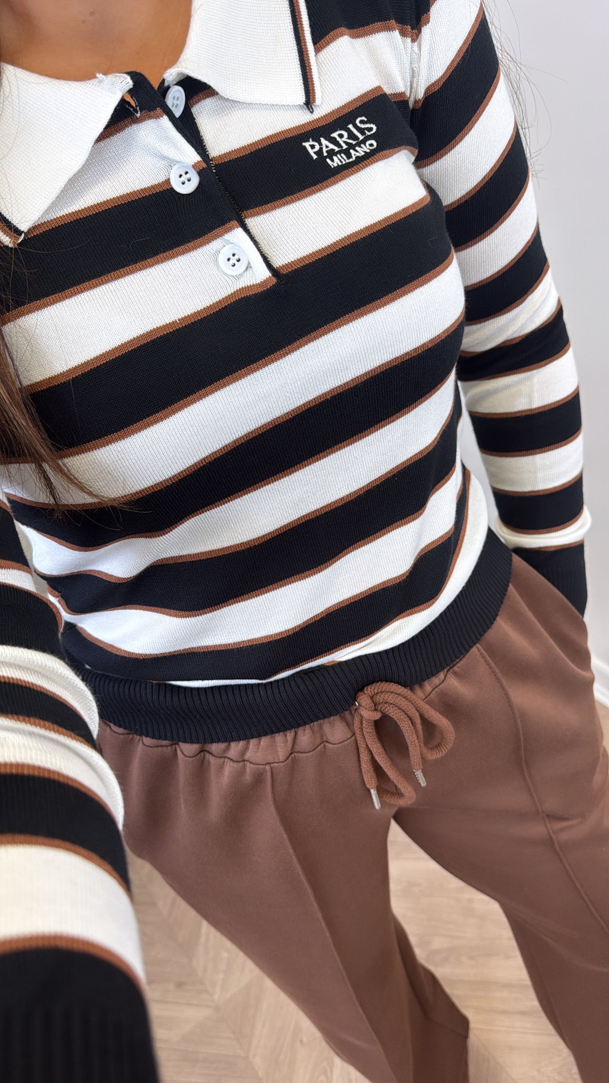 PARIS MILANO white and black collared rugby style top