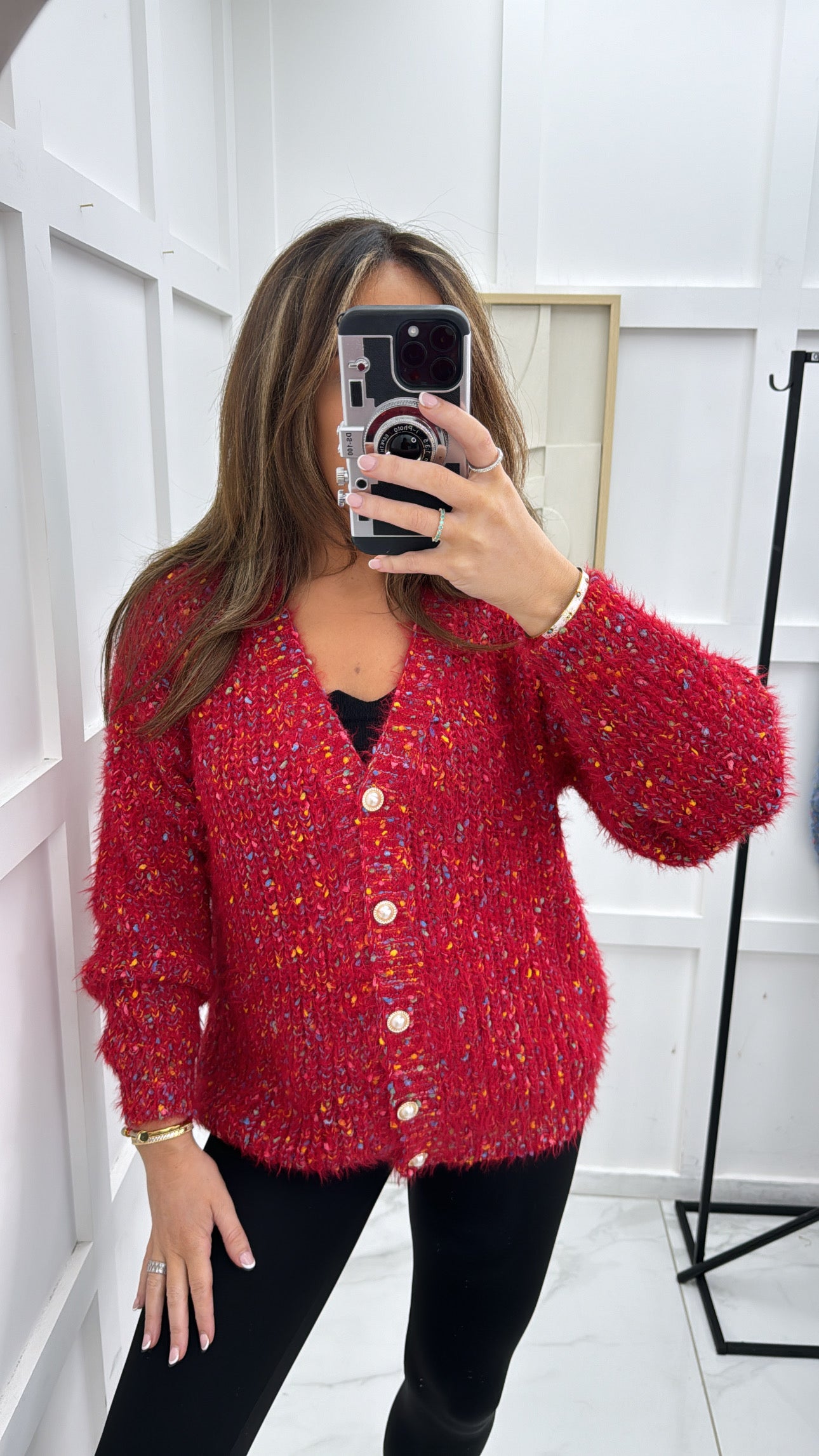 MIA red fluffy cardigan with pearl buttons