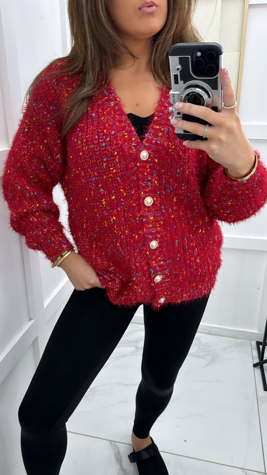 MIA red fluffy cardigan with pearl buttons