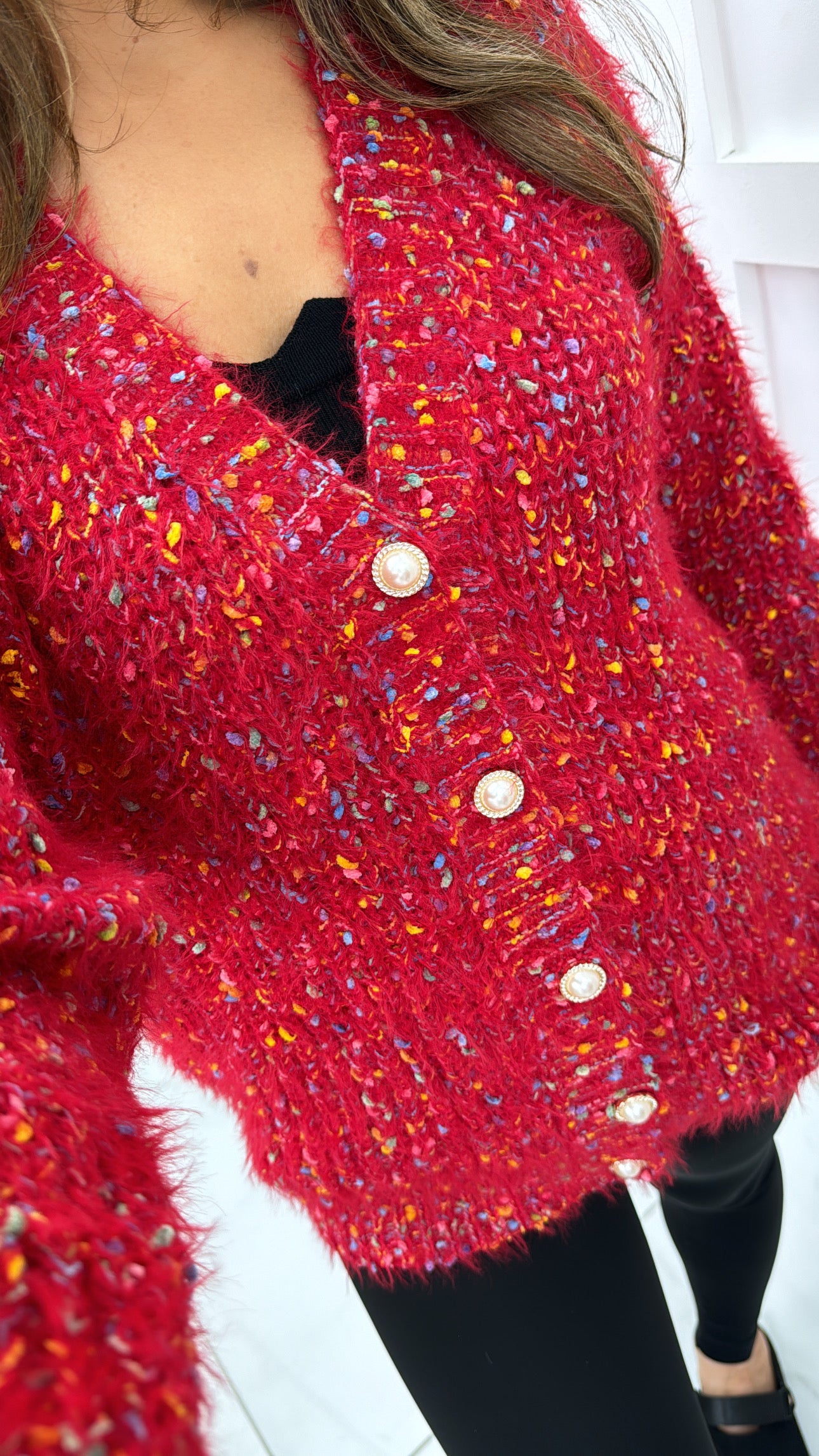 MIA red fluffy cardigan with pearl buttons