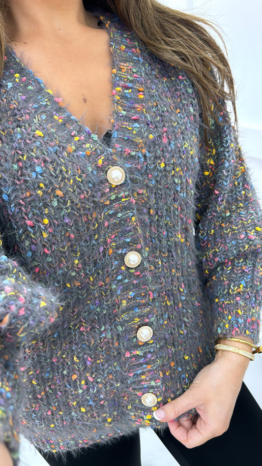 MIA grey fluffy cardigan with pearl buttons