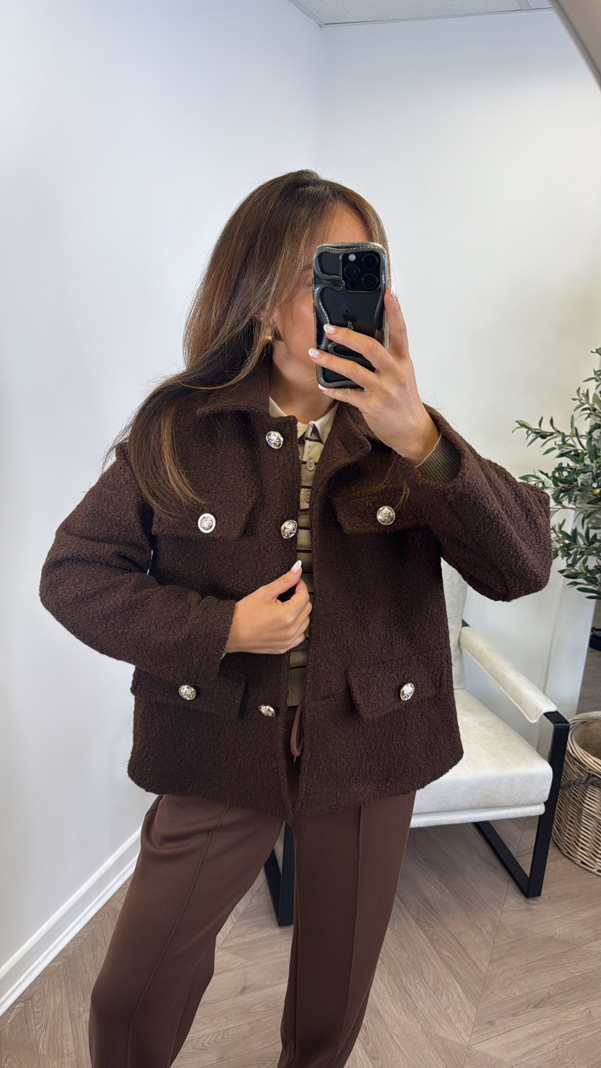 LYRA brown boucle button detail jacket