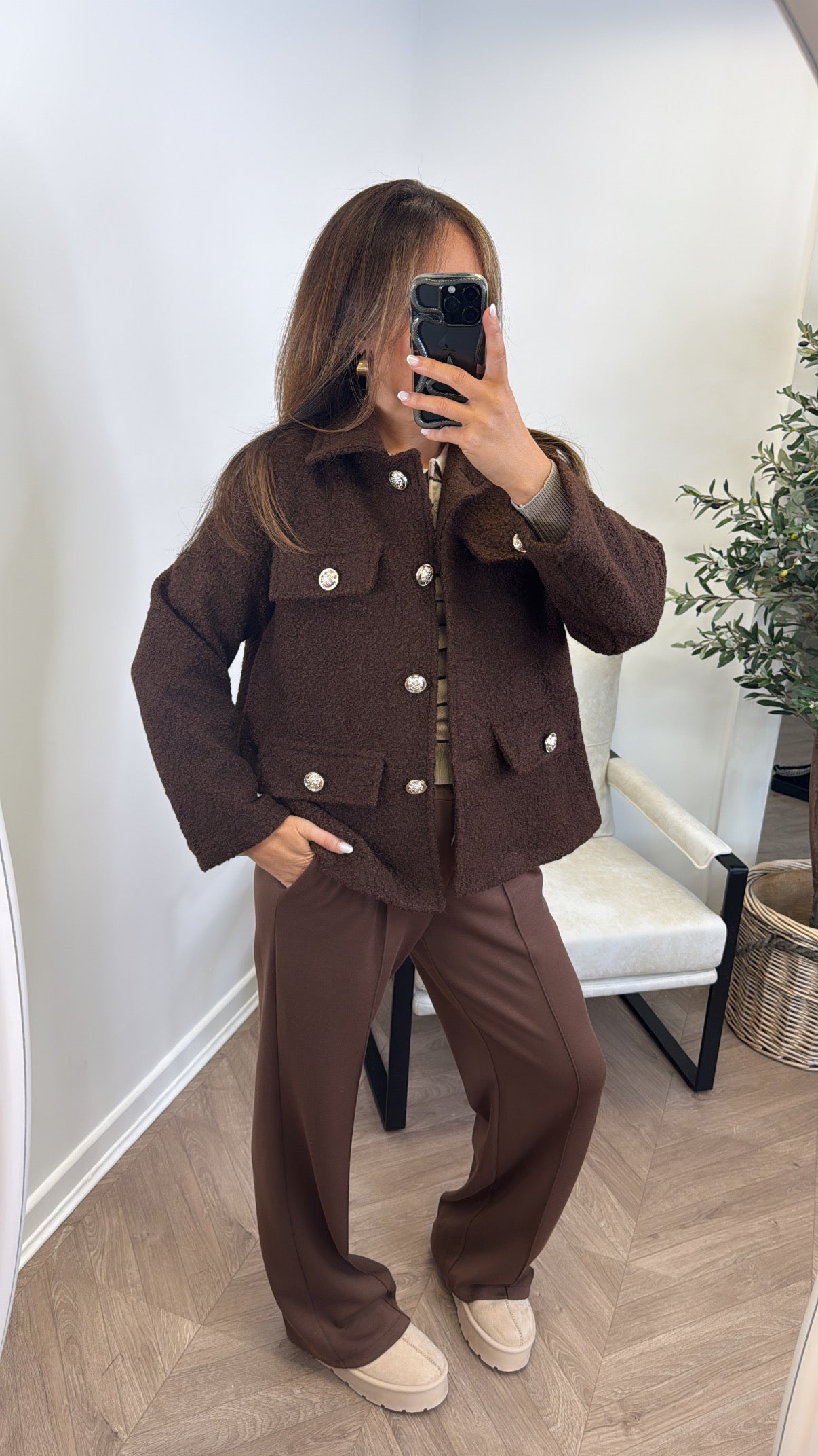 LYRA brown boucle button detail jacket