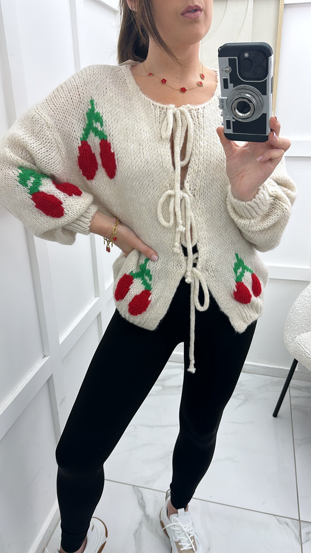 CARRIE cream cherry soft knit tie up cardigan