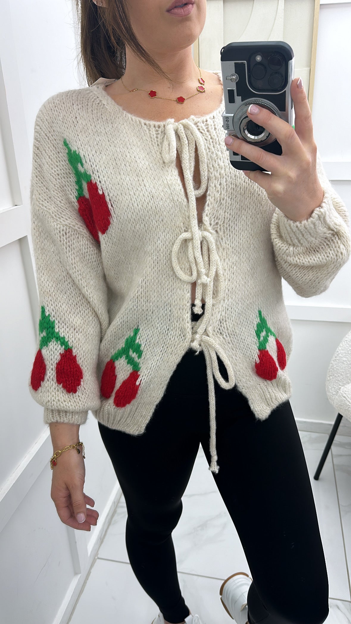 CARRIE cream cherry soft knit tie up cardigan