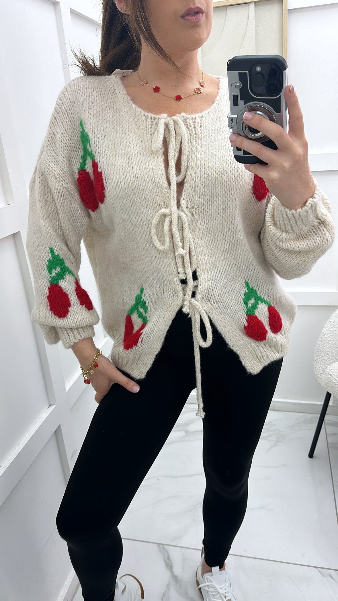 CARRIE cream cherry soft knit tie up cardigan