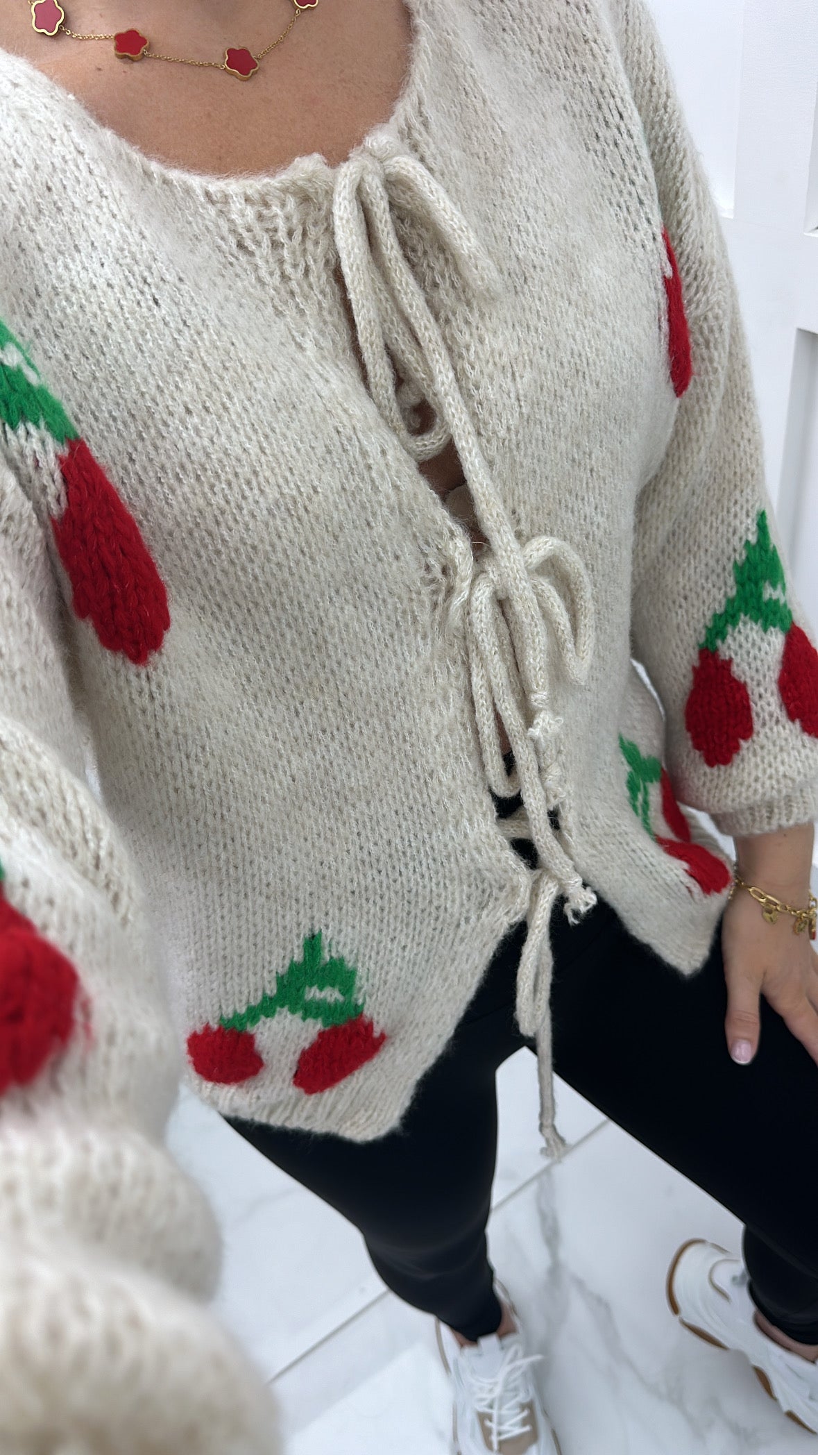 CARRIE cream cherry soft knit tie up cardigan