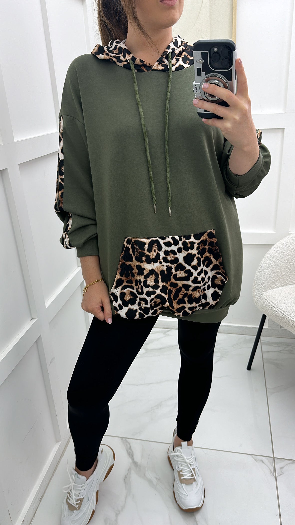 GEORGIA khaki oversized hoody with contrast leopard print