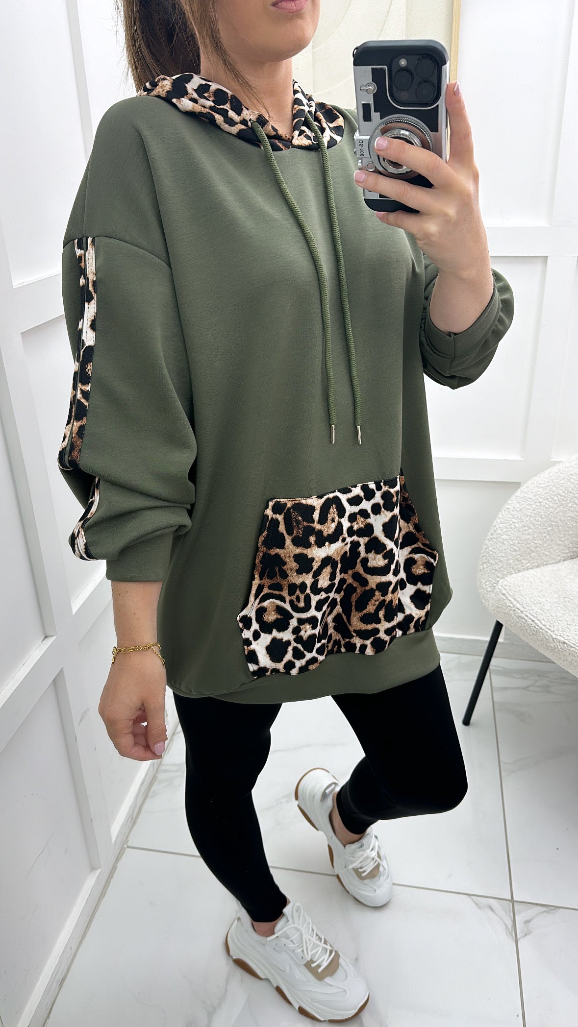 GEORGIA khaki oversized hoody with contrast leopard print