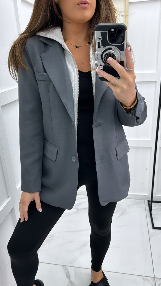 JENNA charcoal blazer with grey hoody detail