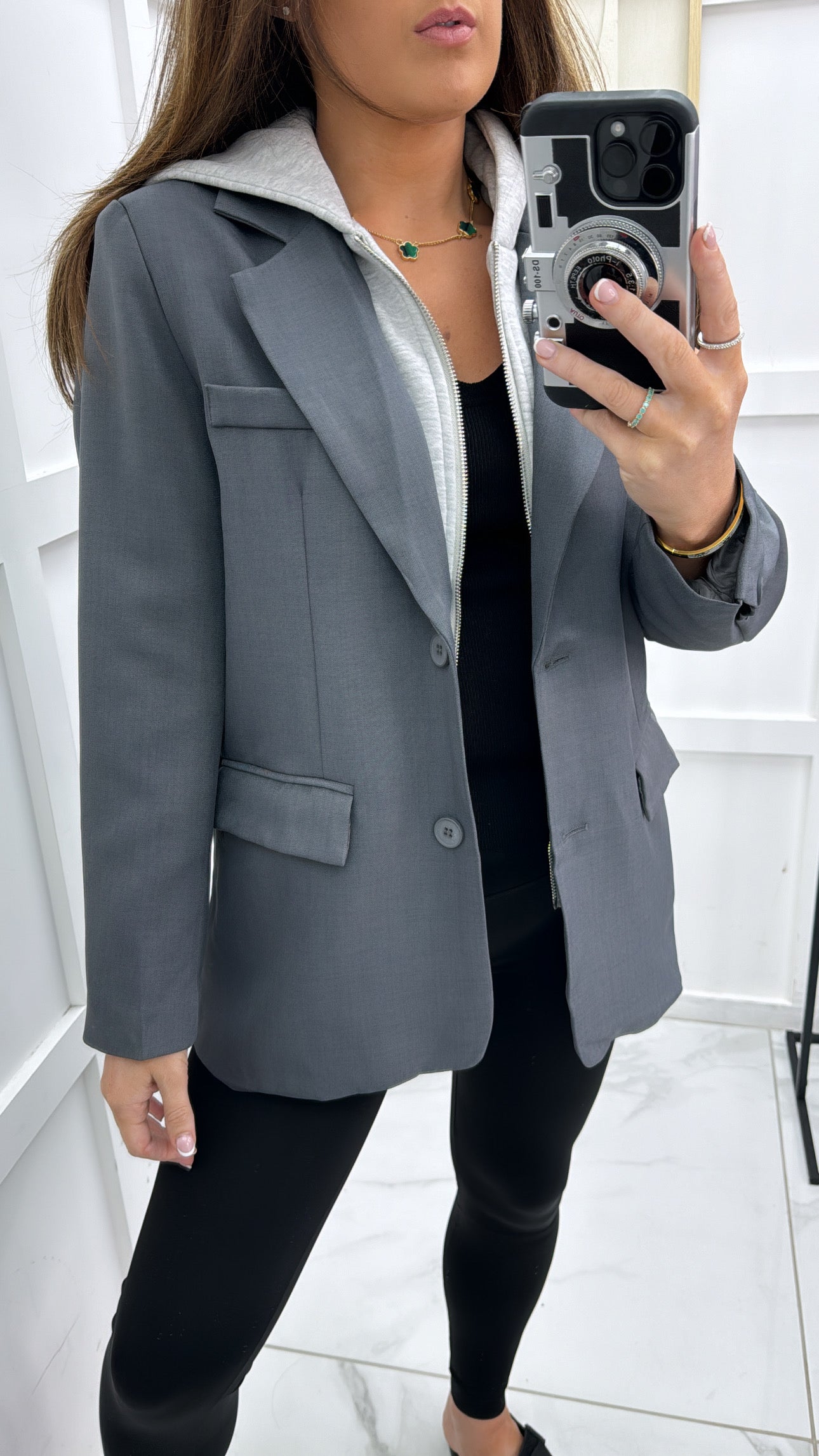 JENNA charcoal blazer with grey hoody detail