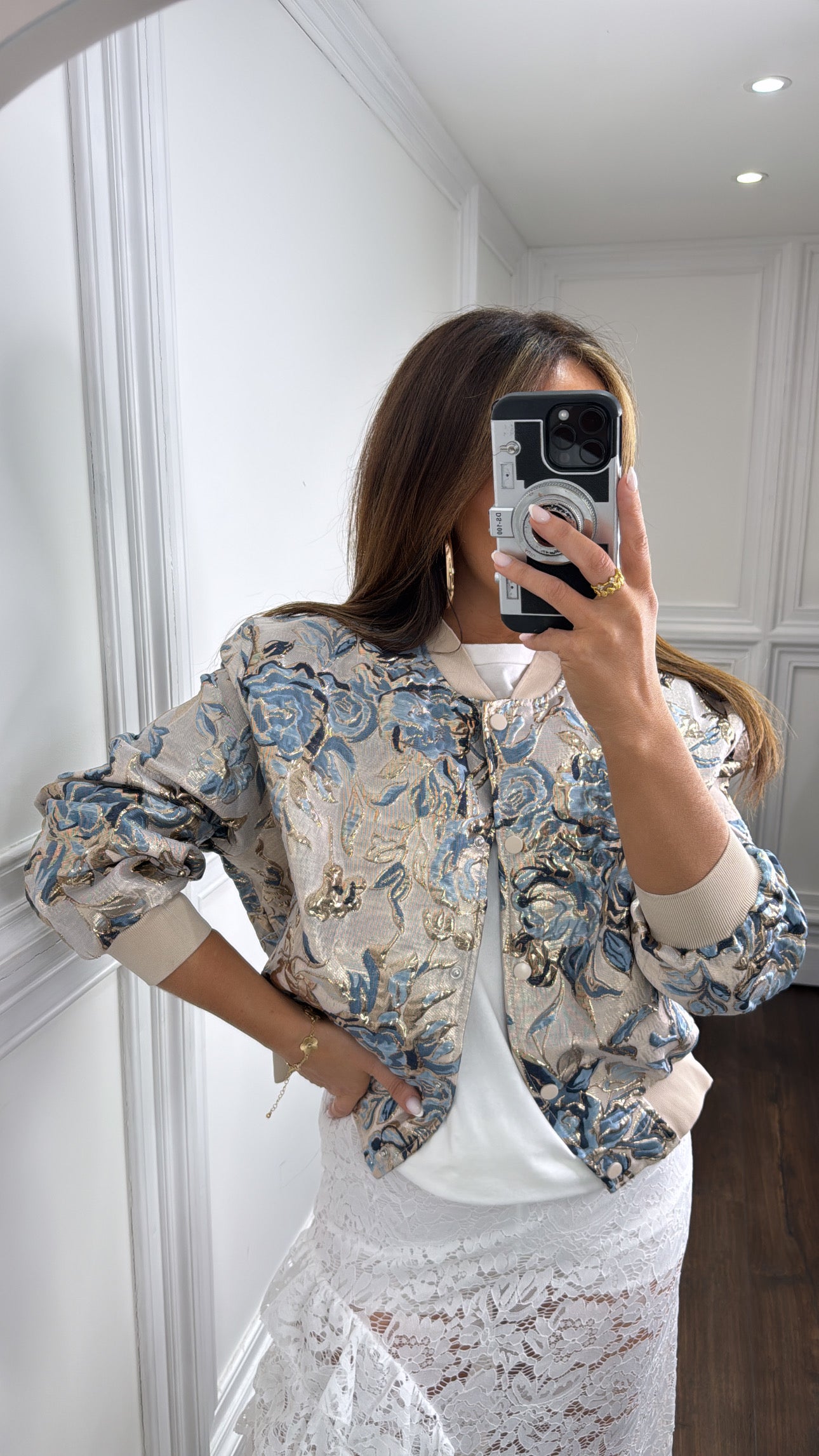 ROMA blue and beige floral jacquard bomber jacket