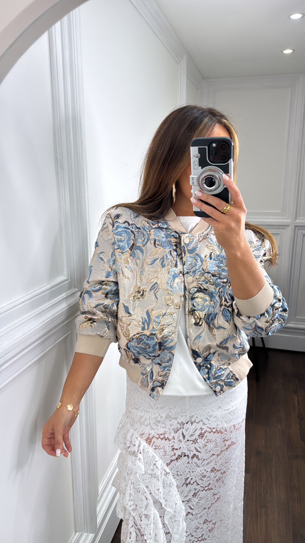 ROMA blue and beige floral jacquard bomber jacket