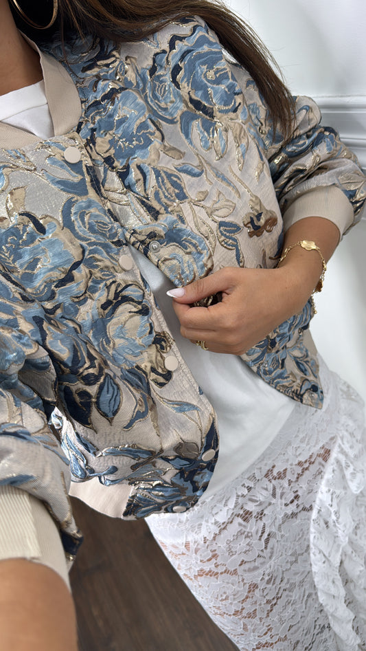 ROMA blue and beige floral jacquard bomber jacket