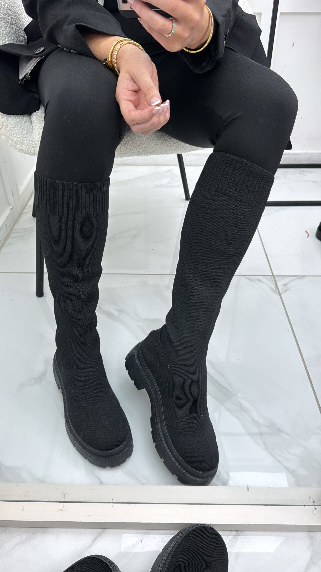 YASMINE black knitted sock knee boots