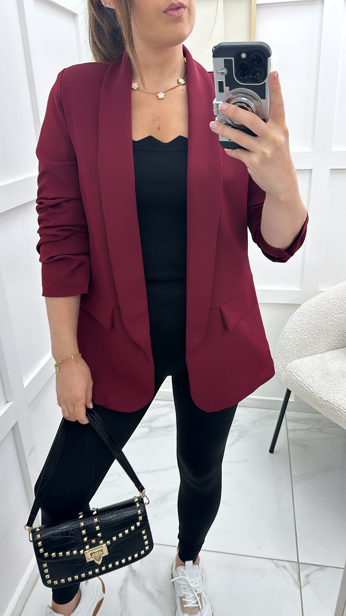 LOUISA burgundy ruched sleeve blazer