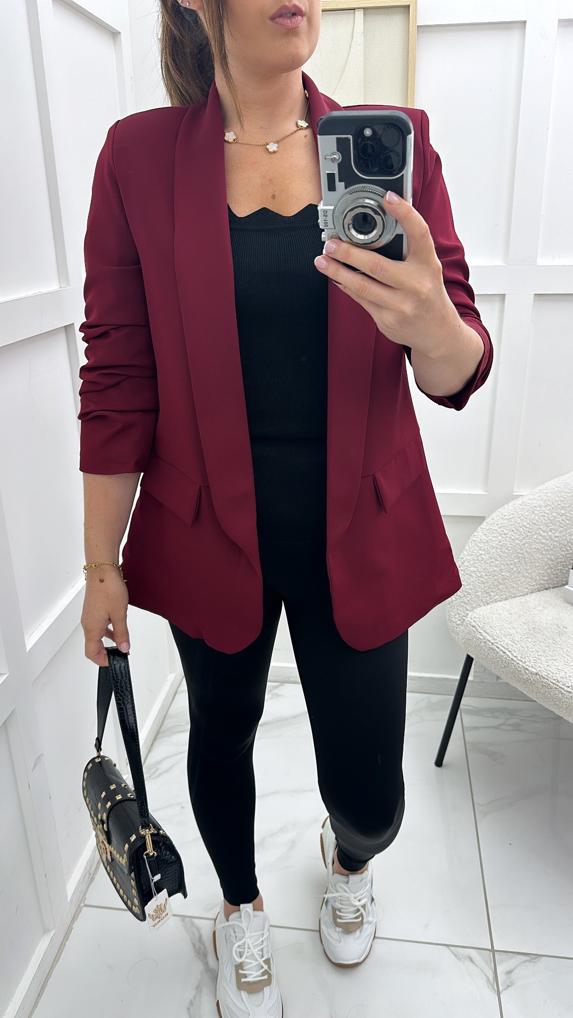 LOUISA burgundy ruched sleeve blazer