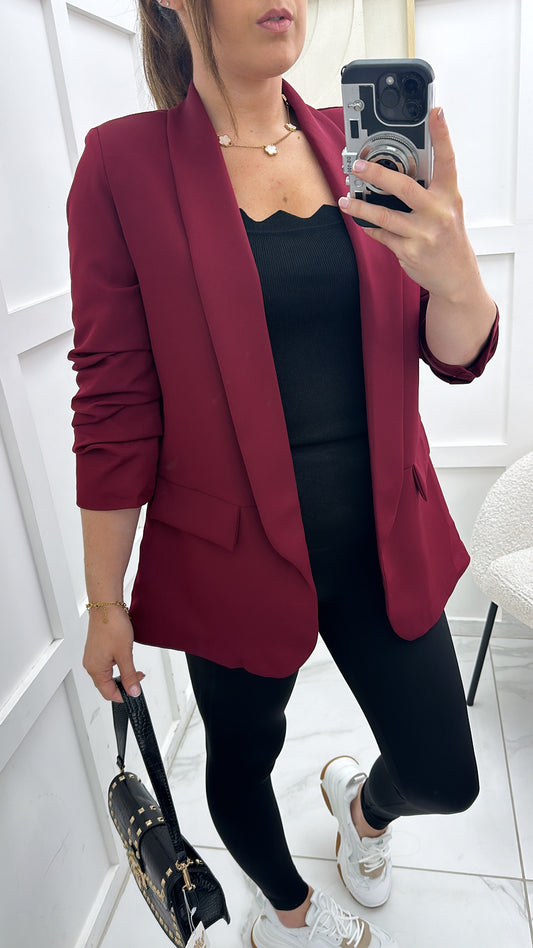 LOUISA burgundy ruched sleeve blazer