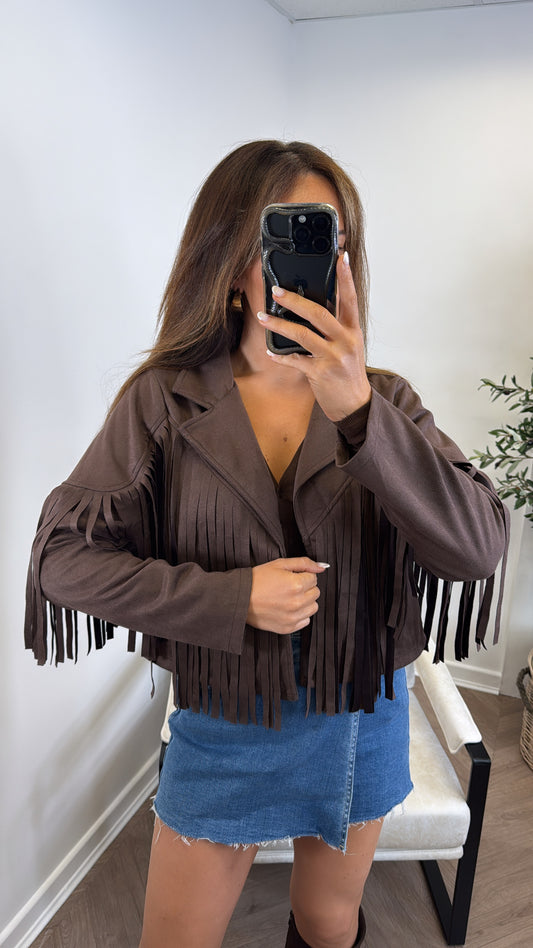 MARLA brown faux suede tassel jacket