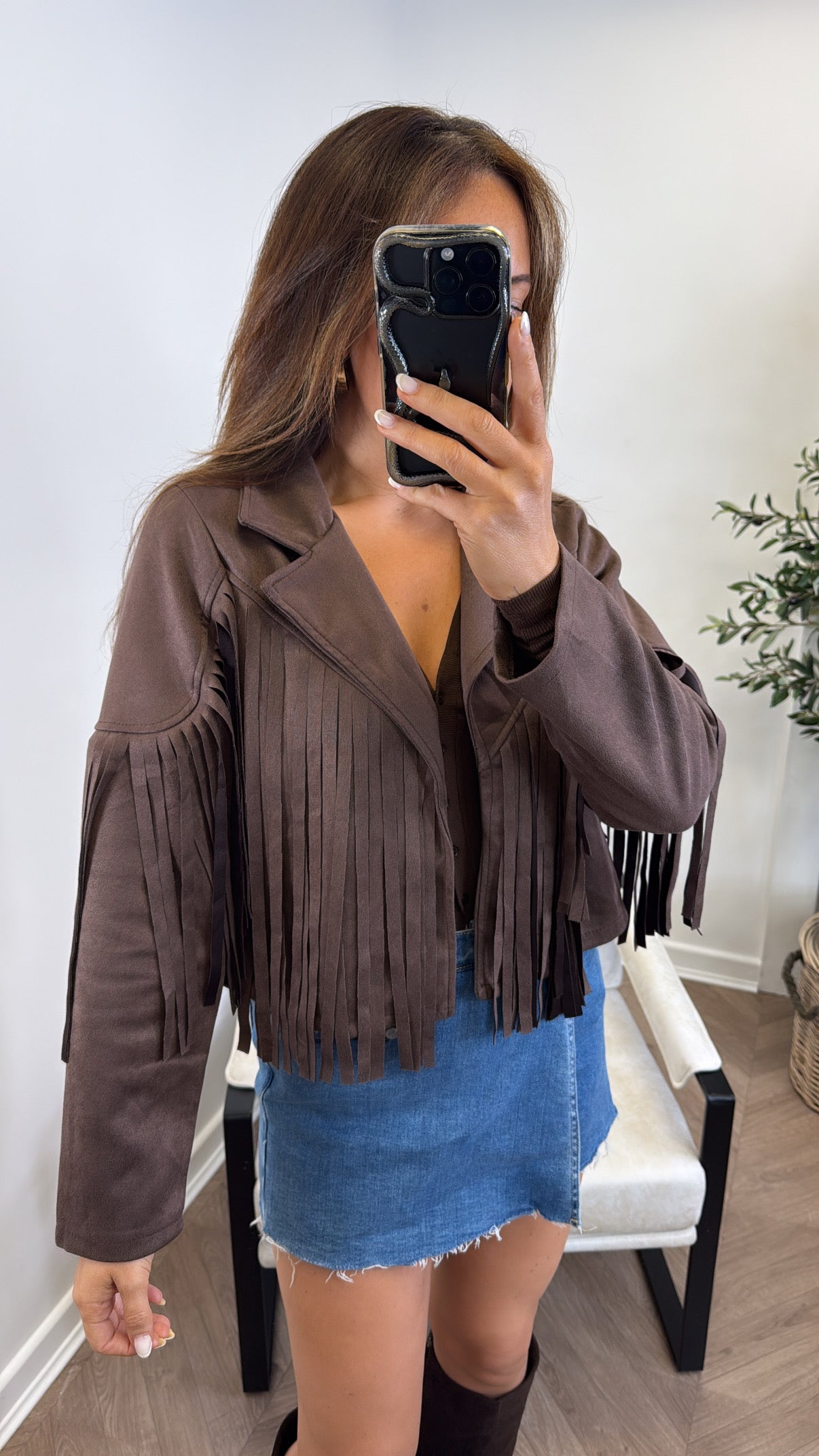 MARLA brown faux suede tassel jacket
