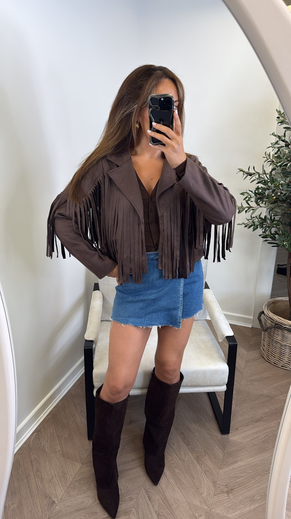 MARLA brown faux suede tassel jacket