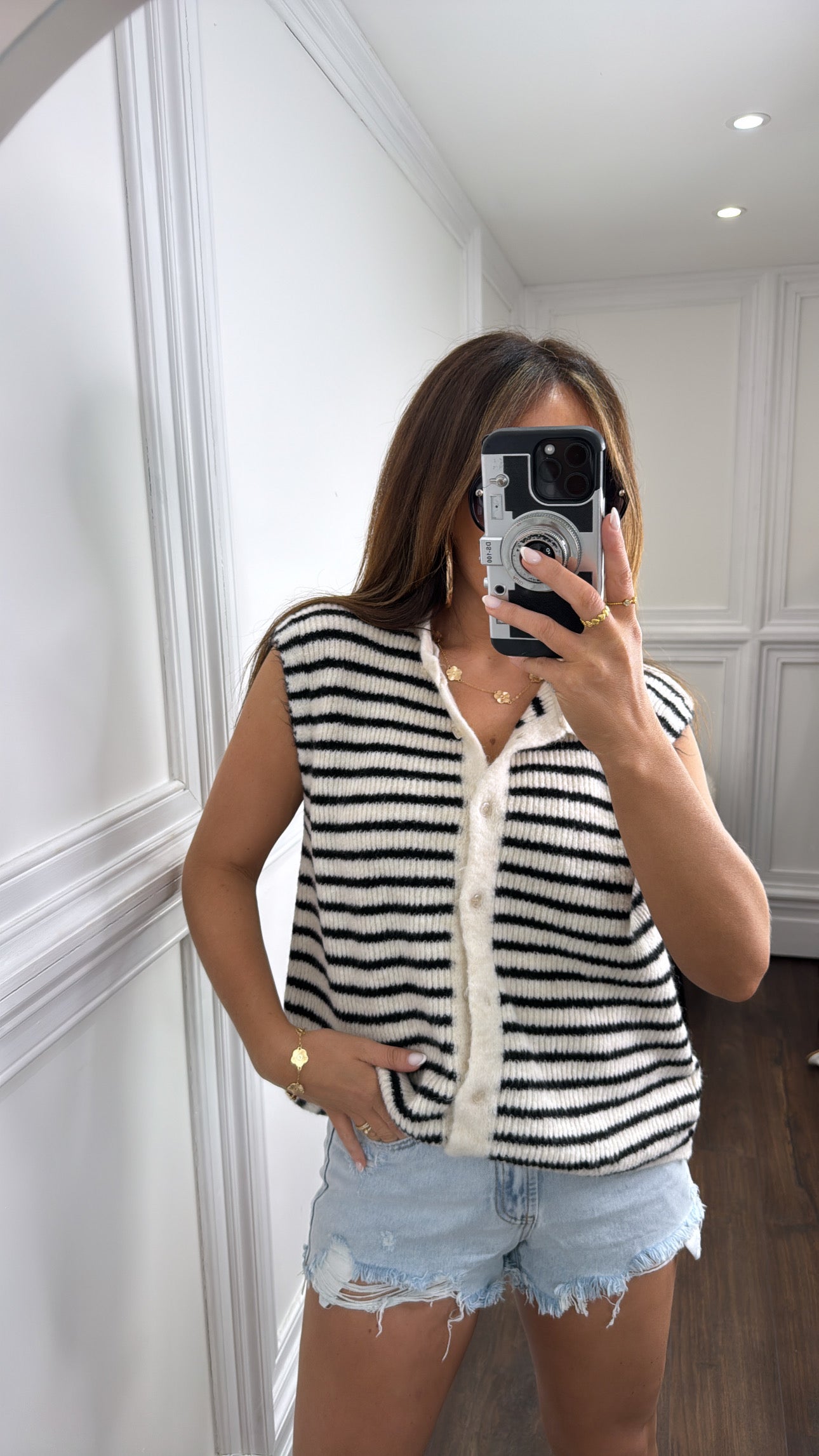 AINSLEY black and cream stripe soft knit waist jacket top