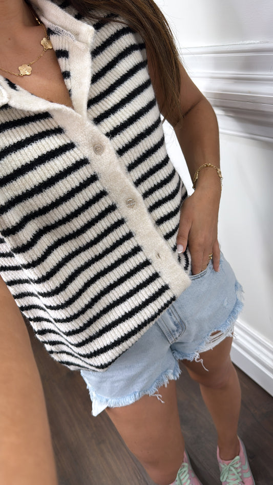 AINSLEY black and cream stripe soft knit waist jacket top