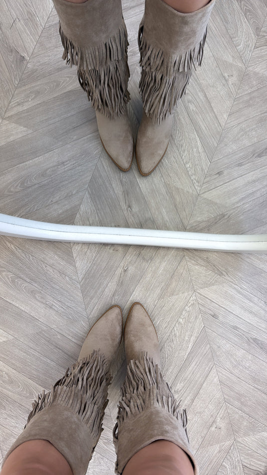 CODY beige mid calf tassel boots