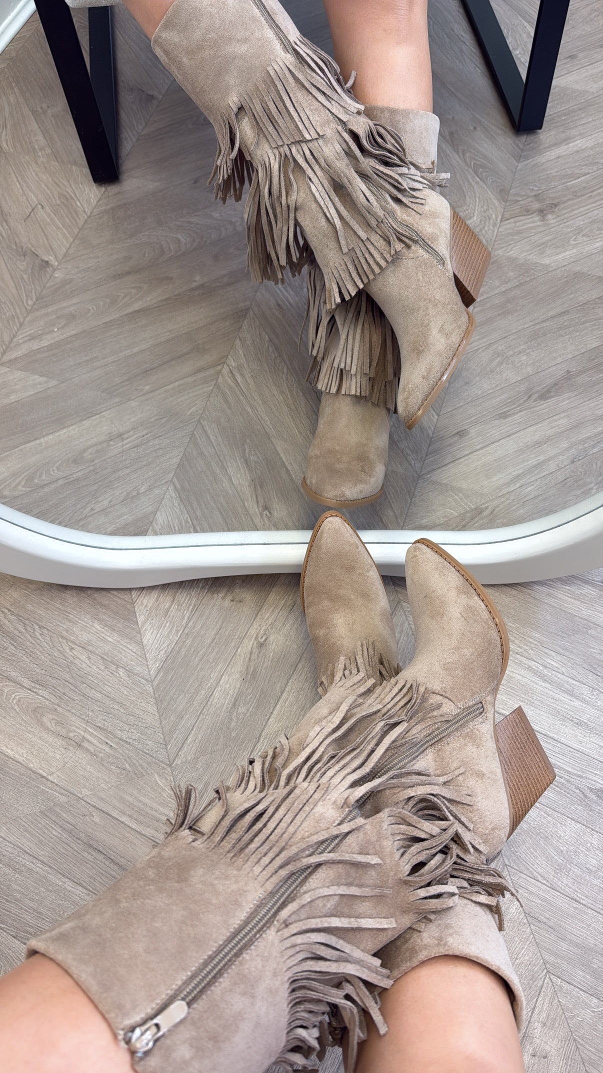 CODY beige mid calf tassel boots