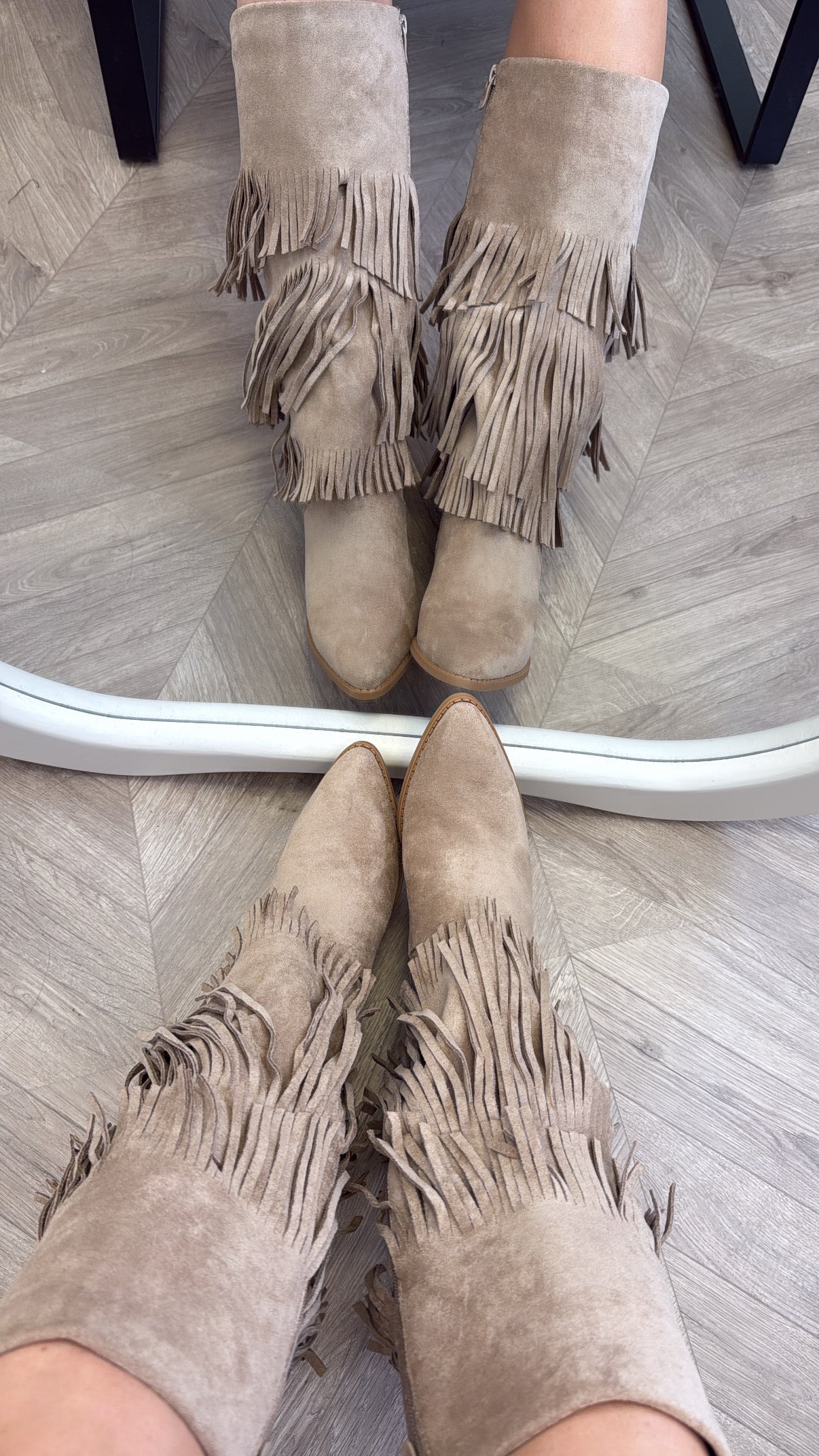 CODY beige mid calf tassel boots