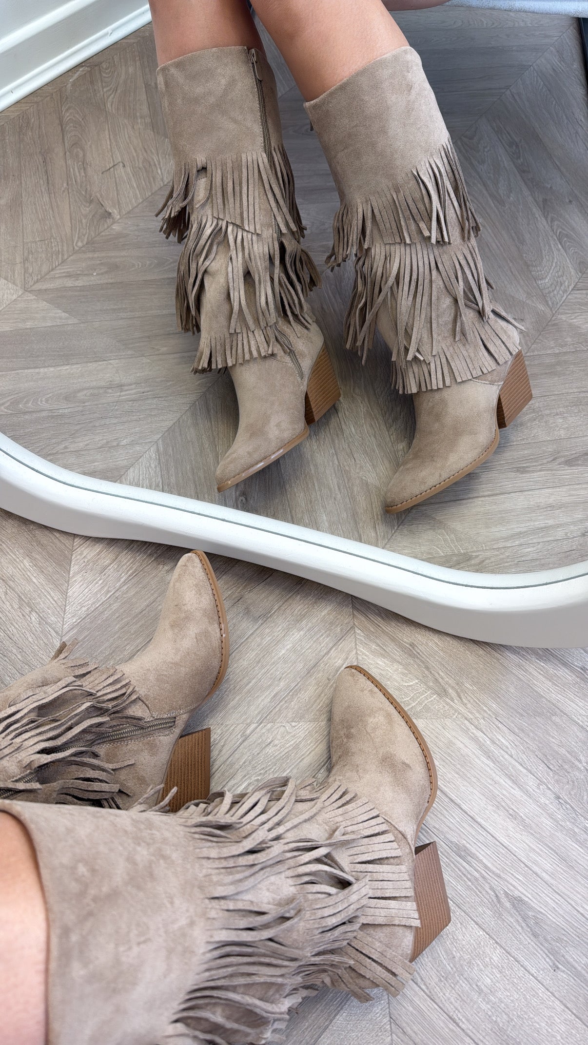 CODY beige mid calf tassel boots